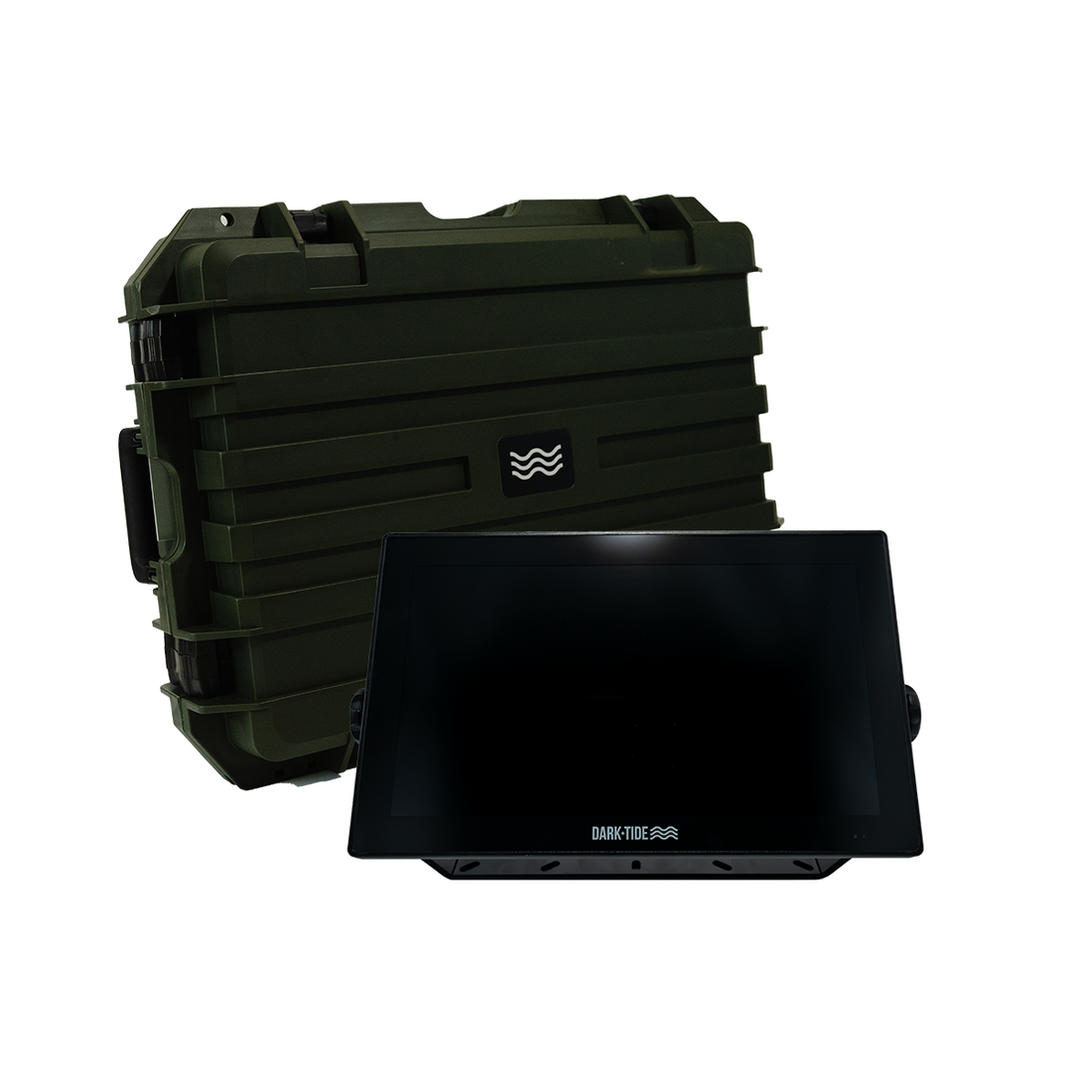 Black and green storage case for Dark Tide Screen. Hard case comes with the unit when you purchase it.