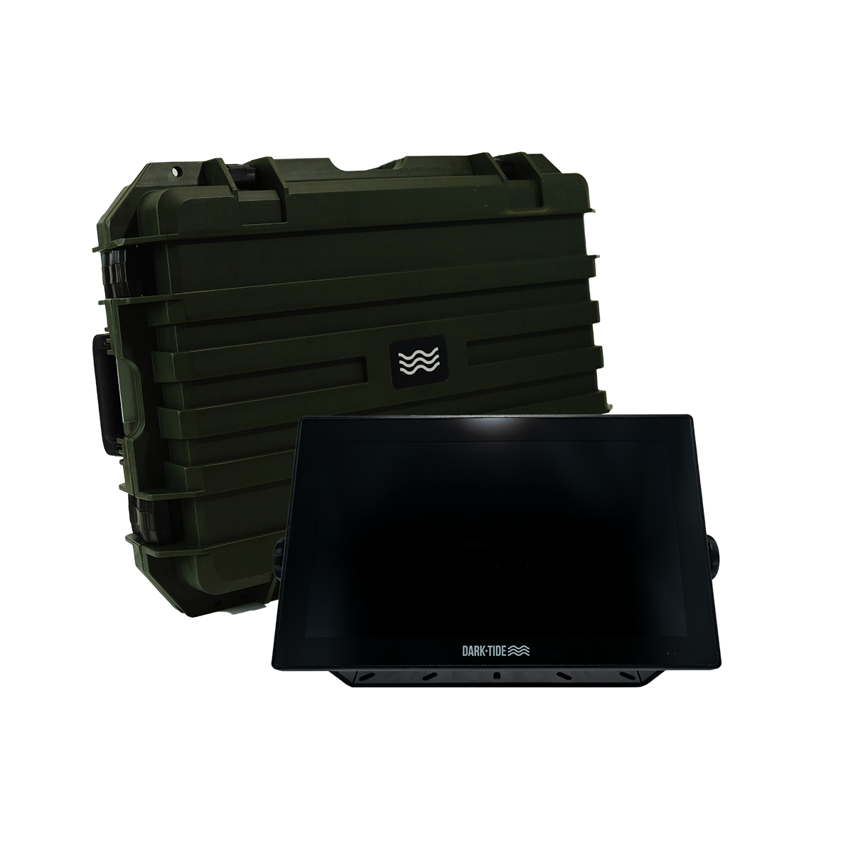 Black and green storage case for Dark Tide Screen. Hard case comes with the unit when you purchase it.
